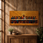 A panoramic painting of the Last Supper with Jesus seated at the center surrounded by his disciples, rendered in a gold mosaic inspired style with textured surfaces, rich warm tones, and detailed figures arranged along a long table, creating symmetry and depth across a wide composition.