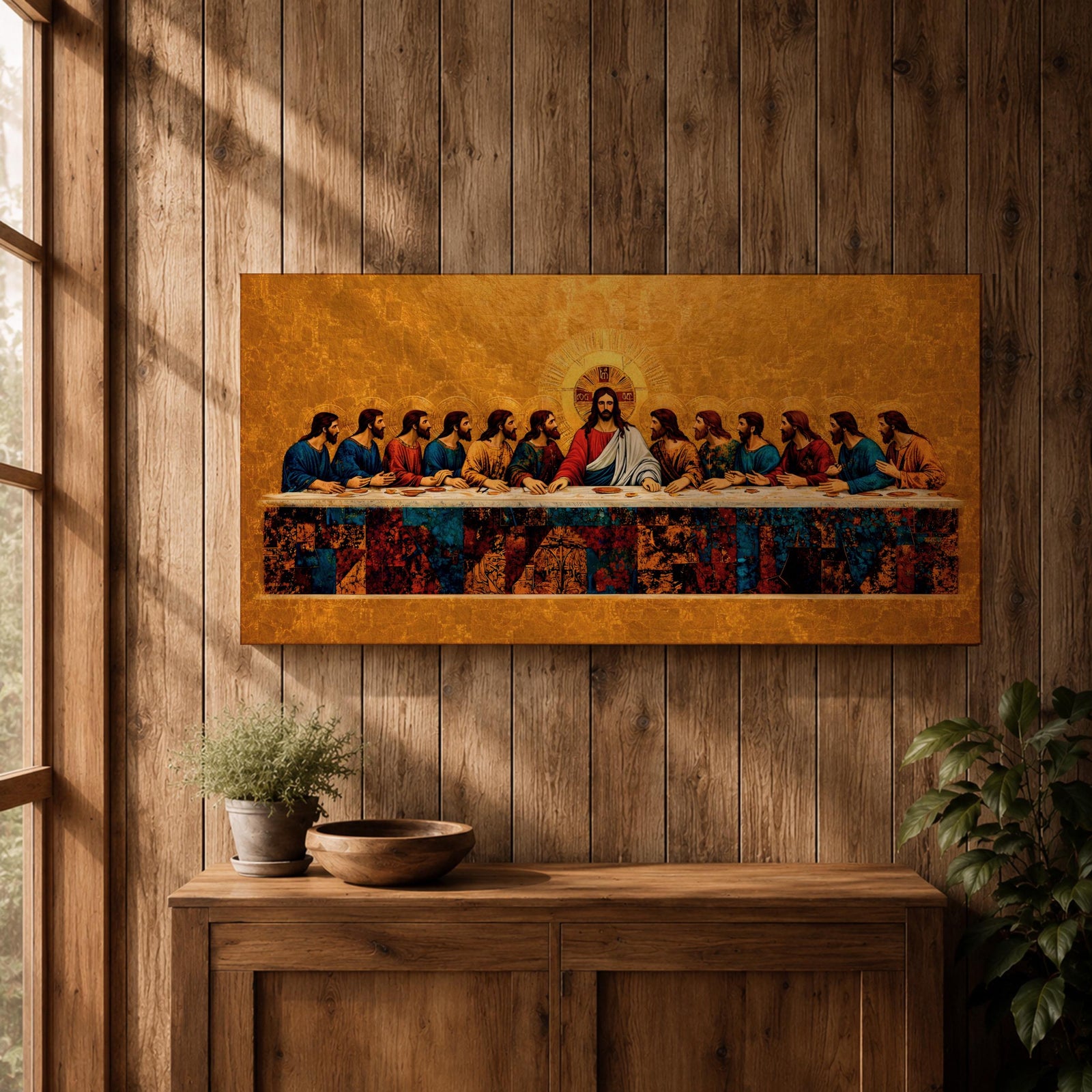 A panoramic painting of the Last Supper with Jesus seated at the center surrounded by his disciples, rendered in a gold mosaic inspired style with textured surfaces, rich warm tones, and detailed figures arranged along a long table, creating symmetry and depth across a wide composition.