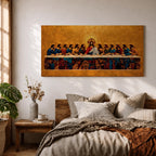 A panoramic painting of the Last Supper with Jesus seated at the center surrounded by his disciples, rendered in a gold mosaic inspired style with textured surfaces, rich warm tones, and detailed figures arranged along a long table, creating symmetry and depth across a wide composition.