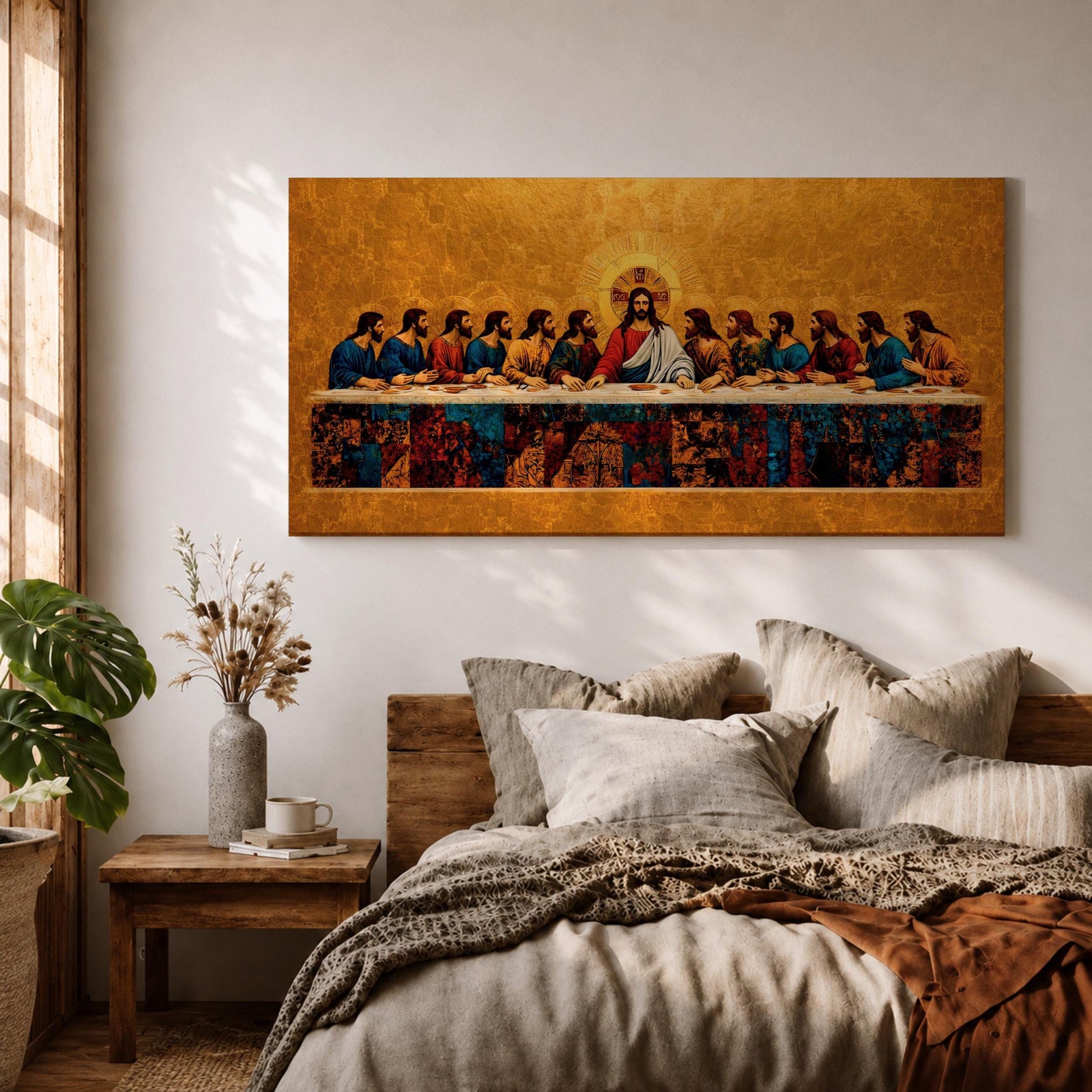 A panoramic painting of the Last Supper with Jesus seated at the center surrounded by his disciples, rendered in a gold mosaic inspired style with textured surfaces, rich warm tones, and detailed figures arranged along a long table, creating symmetry and depth across a wide composition.