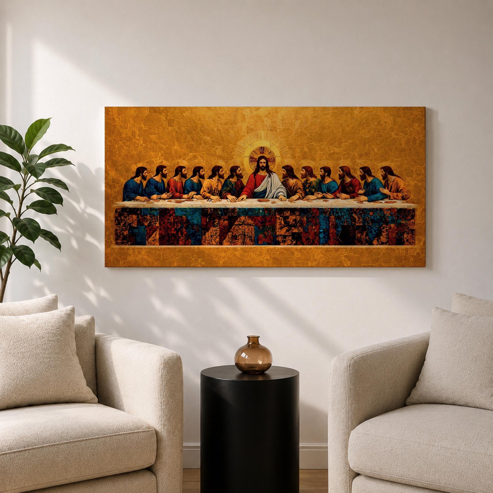 A panoramic painting of the Last Supper with Jesus seated at the center surrounded by his disciples, rendered in a gold mosaic inspired style with textured surfaces, rich warm tones, and detailed figures arranged along a long table, creating symmetry and depth across a wide composition.