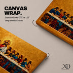 A panoramic painting of the Last Supper with Jesus seated at the center surrounded by his disciples, rendered in a gold mosaic inspired style with textured surfaces, rich warm tones, and detailed figures arranged along a long table, creating symmetry and depth across a wide composition.