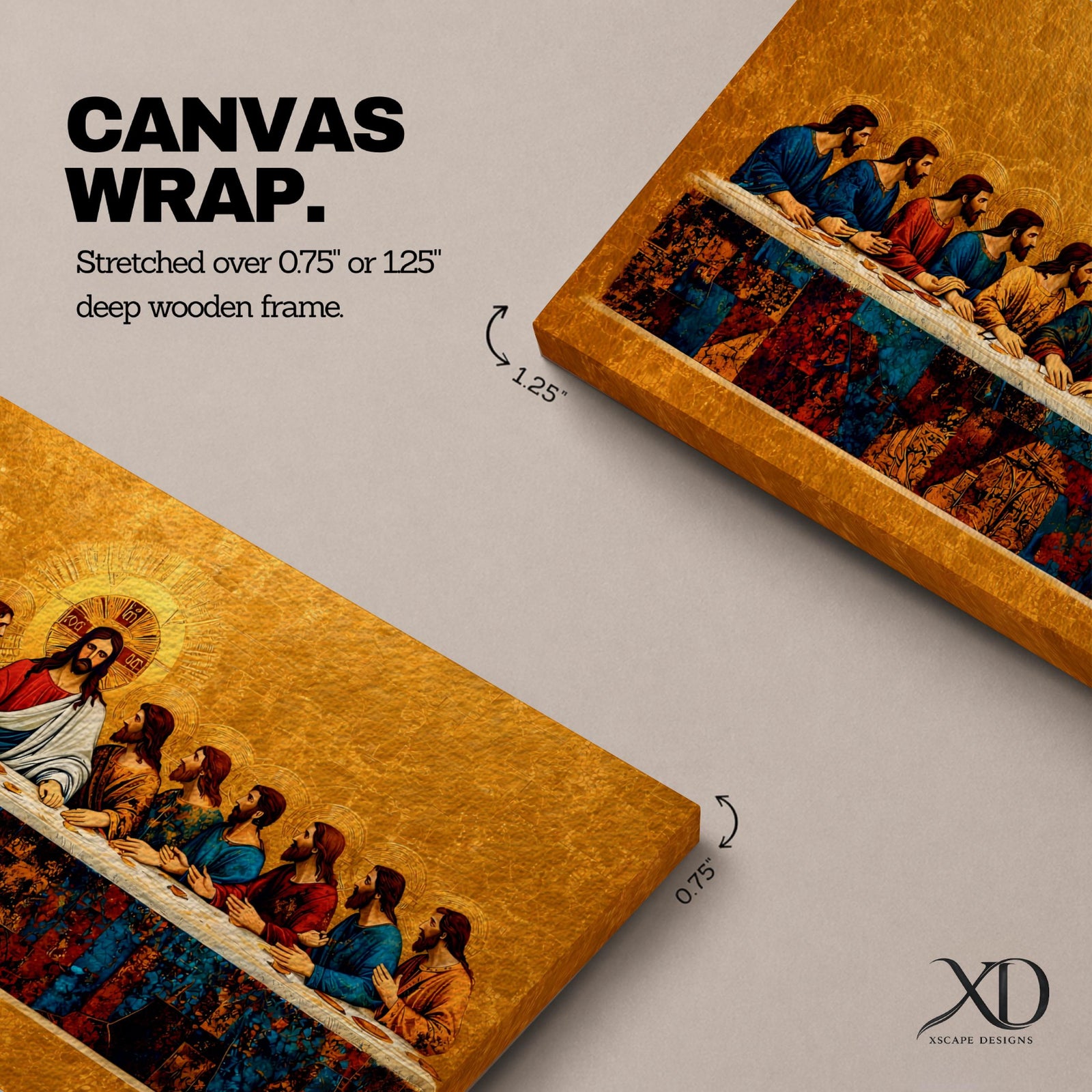A panoramic painting of the Last Supper with Jesus seated at the center surrounded by his disciples, rendered in a gold mosaic inspired style with textured surfaces, rich warm tones, and detailed figures arranged along a long table, creating symmetry and depth across a wide composition.