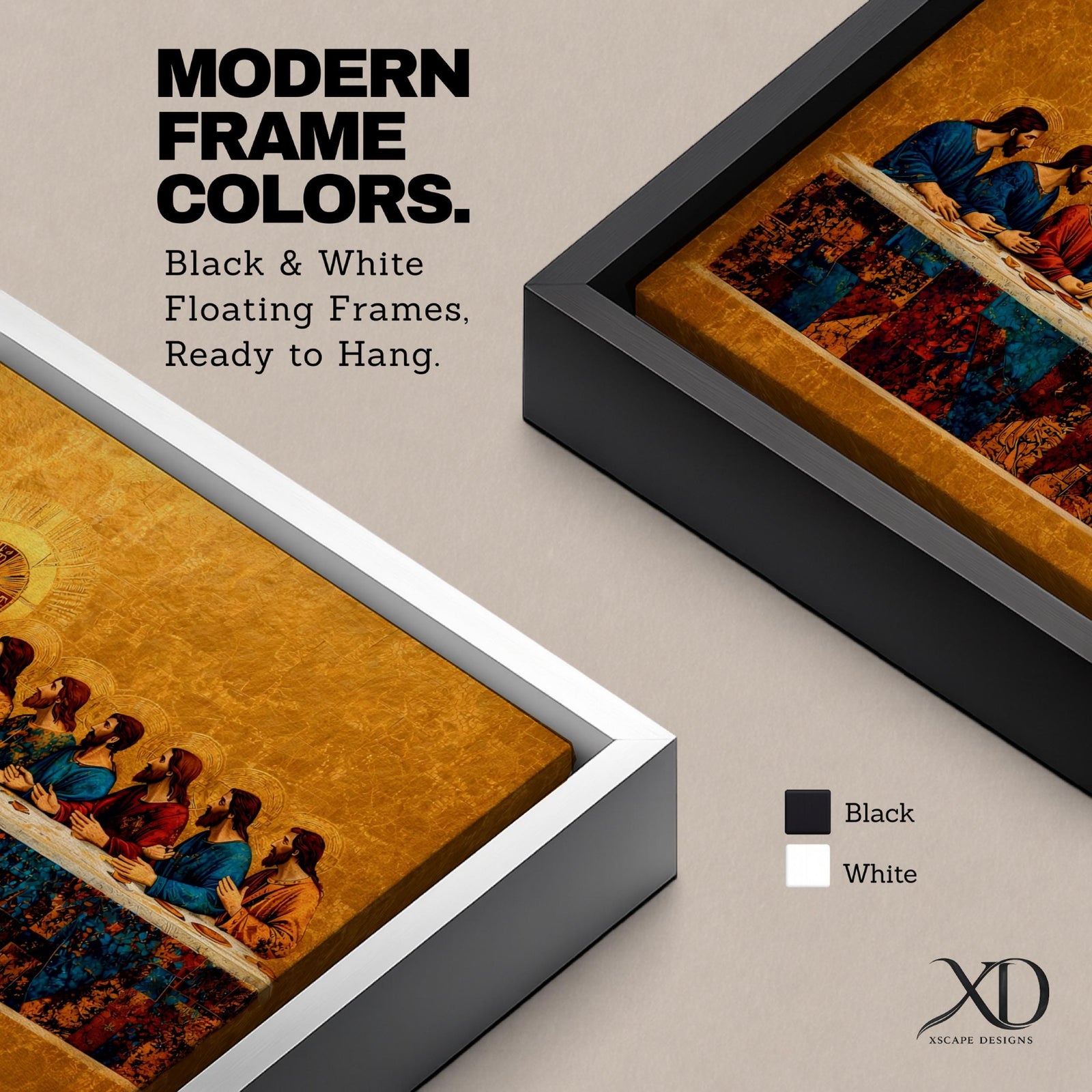 A panoramic painting of the Last Supper with Jesus seated at the center surrounded by his disciples, rendered in a gold mosaic inspired style with textured surfaces, rich warm tones, and detailed figures arranged along a long table, creating symmetry and depth across a wide composition.