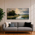 A panoramic painting of a quiet countryside river winding through grassy fields, with trees clustered along the bank and a distant cottage beneath a cloudy sky, rendered in a soft impressionistic style with textured brushstrokes and muted natural tones across a wide landscape composition.