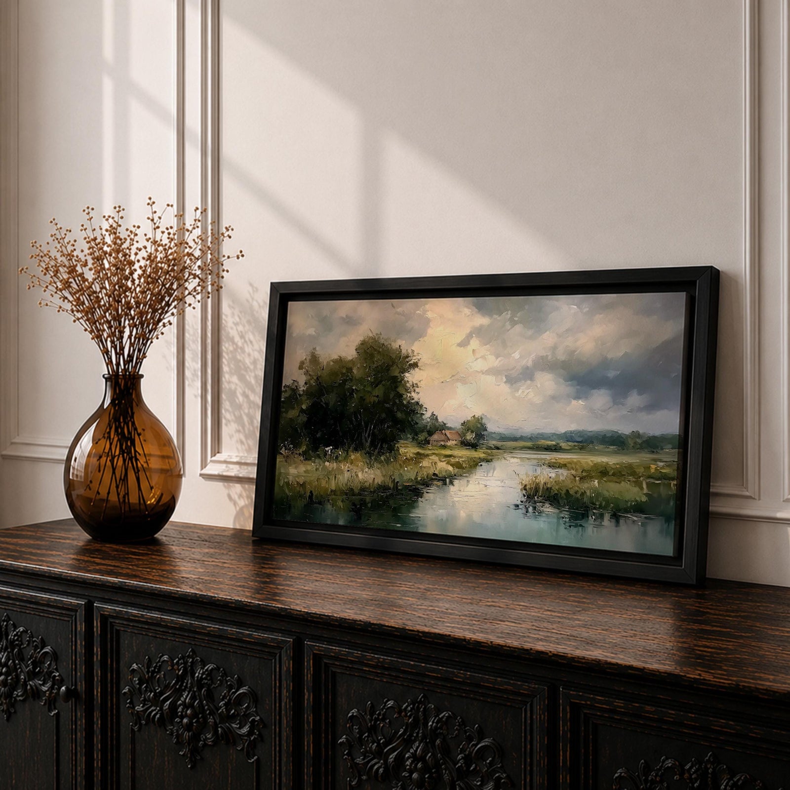 A panoramic painting of a quiet countryside river winding through grassy fields, with trees clustered along the bank and a distant cottage beneath a cloudy sky, rendered in a soft impressionistic style with textured brushstrokes and muted natural tones across a wide landscape composition.