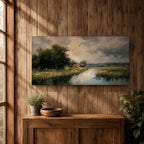 A panoramic painting of a quiet countryside river winding through grassy fields, with trees clustered along the bank and a distant cottage beneath a cloudy sky, rendered in a soft impressionistic style with textured brushstrokes and muted natural tones across a wide landscape composition.