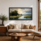 A panoramic painting of a quiet countryside river winding through grassy fields, with trees clustered along the bank and a distant cottage beneath a cloudy sky, rendered in a soft impressionistic style with textured brushstrokes and muted natural tones across a wide landscape composition.