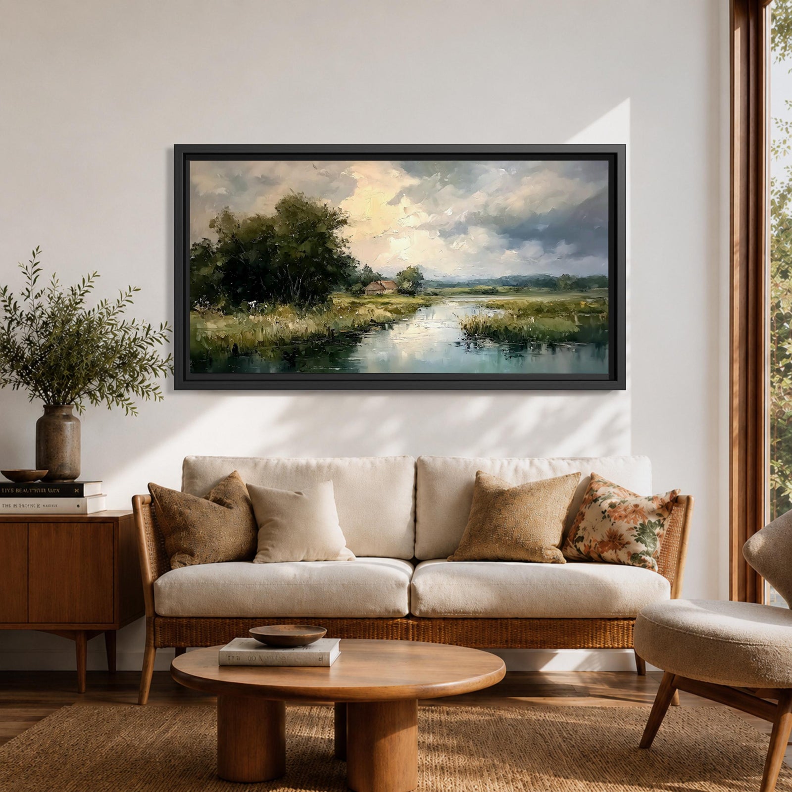 A panoramic painting of a quiet countryside river winding through grassy fields, with trees clustered along the bank and a distant cottage beneath a cloudy sky, rendered in a soft impressionistic style with textured brushstrokes and muted natural tones across a wide landscape composition.