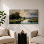 A panoramic painting of a quiet countryside river winding through grassy fields, with trees clustered along the bank and a distant cottage beneath a cloudy sky, rendered in a soft impressionistic style with textured brushstrokes and muted natural tones across a wide landscape composition.