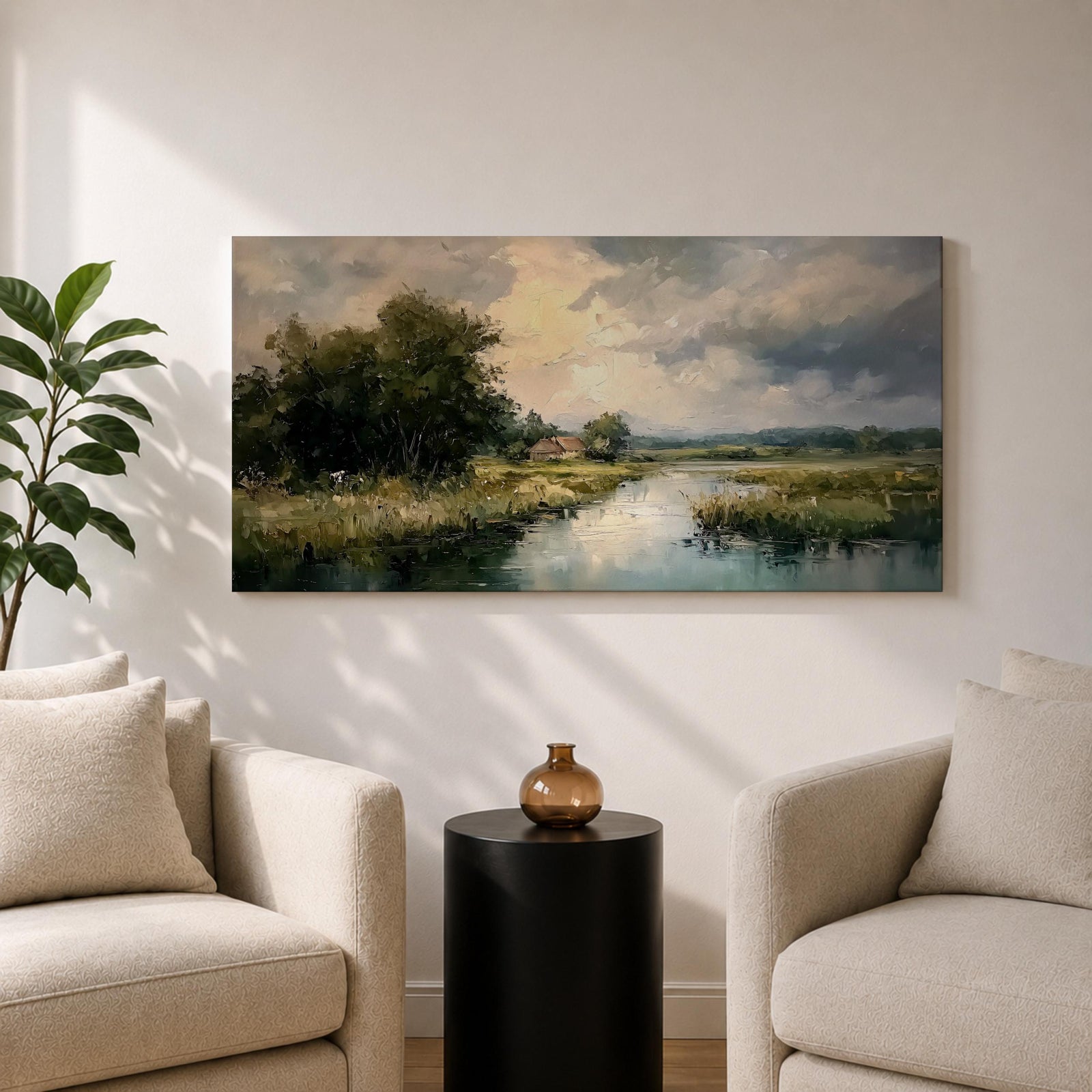 A panoramic painting of a quiet countryside river winding through grassy fields, with trees clustered along the bank and a distant cottage beneath a cloudy sky, rendered in a soft impressionistic style with textured brushstrokes and muted natural tones across a wide landscape composition.