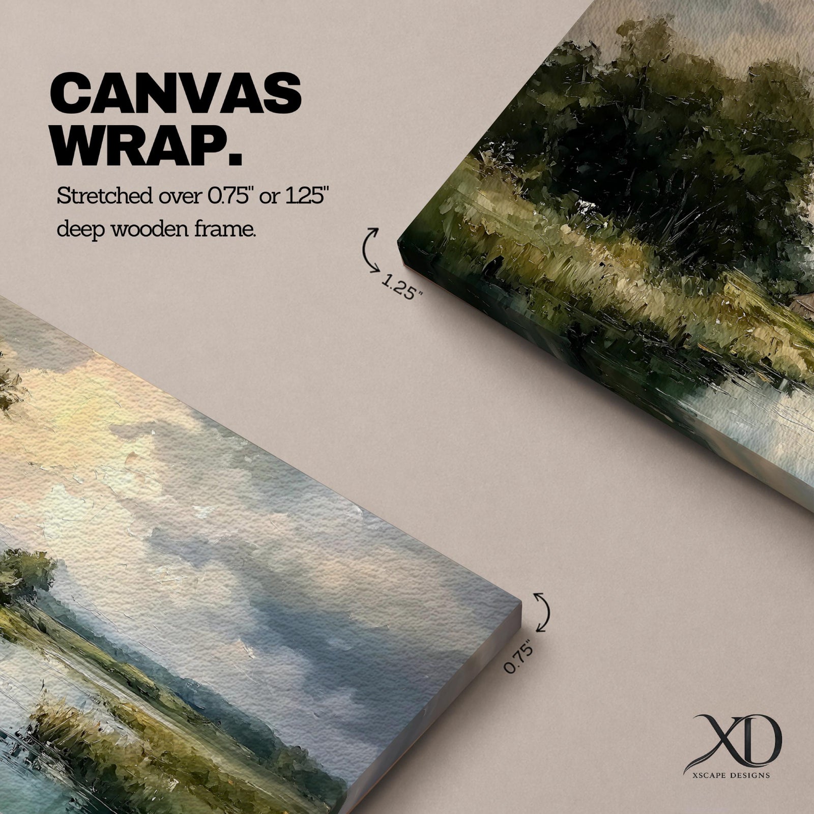 A panoramic painting of a quiet countryside river winding through grassy fields, with trees clustered along the bank and a distant cottage beneath a cloudy sky, rendered in a soft impressionistic style with textured brushstrokes and muted natural tones across a wide landscape composition.