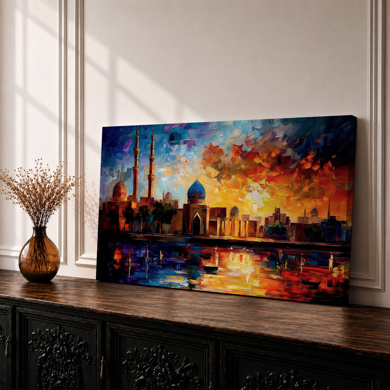 A vibrant panoramic painting of an Islamic city skyline with domes and minarets at sunset, reflecting in water below, rendered in bold expressive brushstrokes with rich orange, blue, and gold tones.
