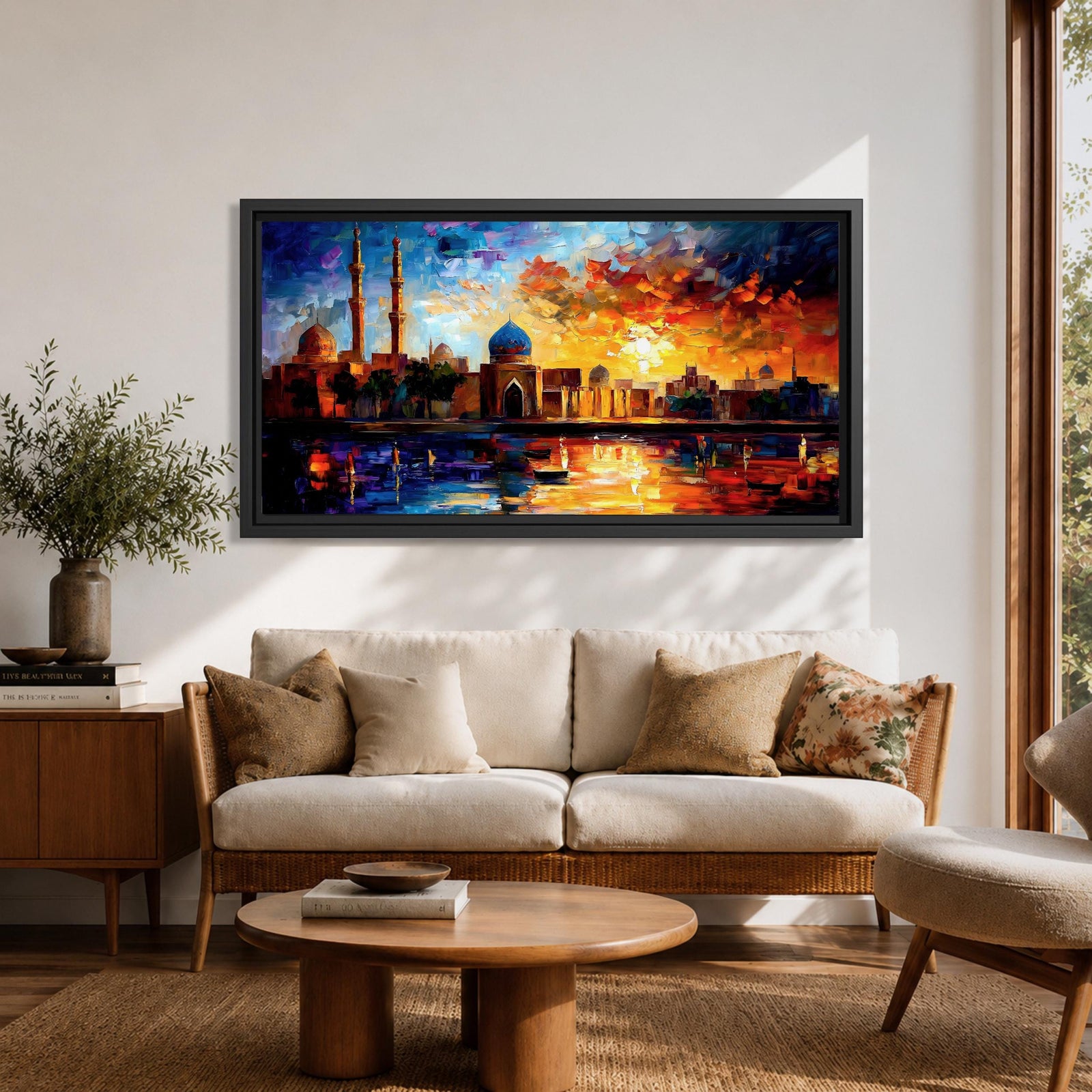 A vibrant panoramic painting of an Islamic city skyline with domes and minarets at sunset, reflecting in water below, rendered in bold expressive brushstrokes with rich orange, blue, and gold tones.