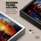 A vibrant panoramic painting of an Islamic city skyline with domes and minarets at sunset, reflecting in water below, rendered in bold expressive brushstrokes with rich orange, blue, and gold tones.