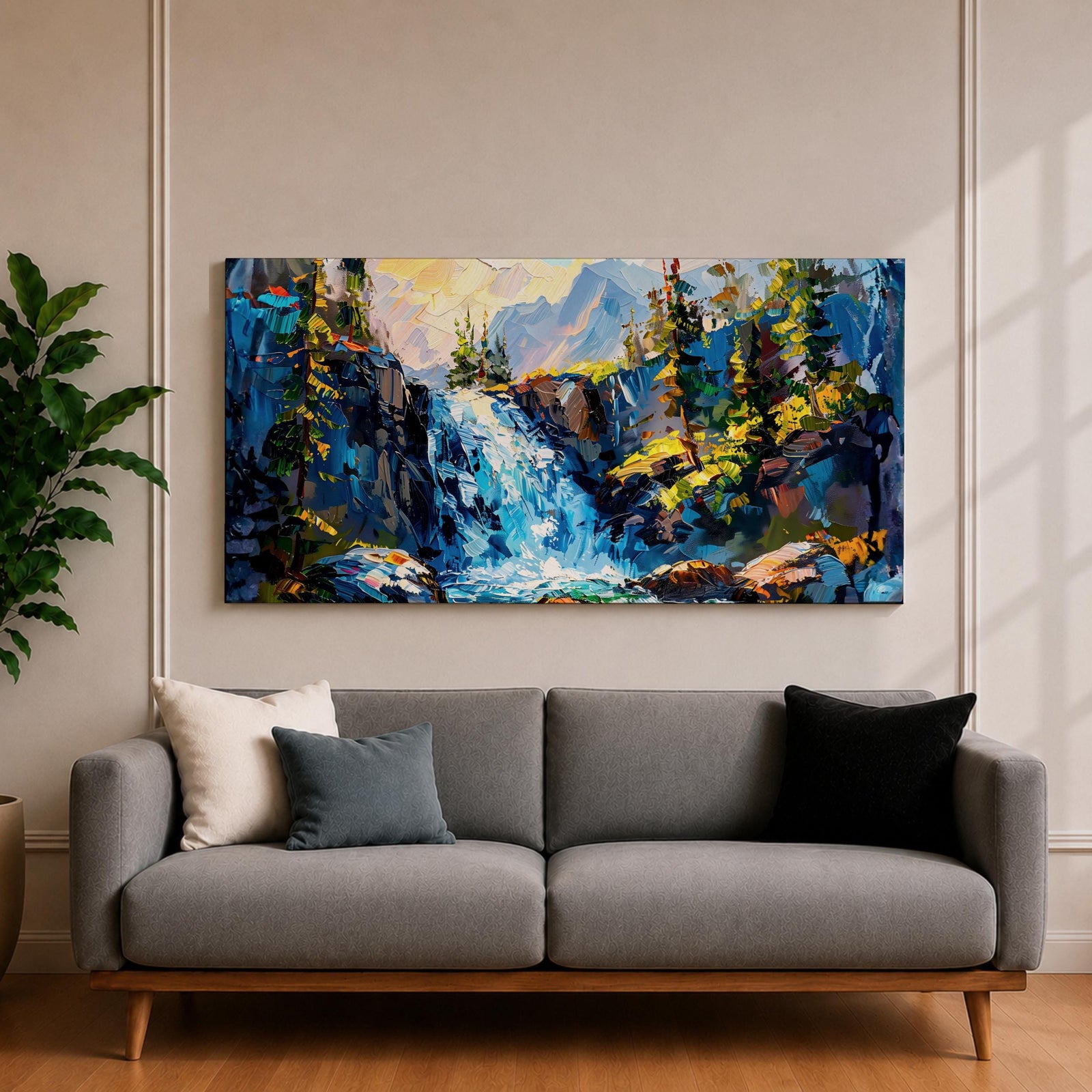 A panoramic abstract landscape painting of a cascading mountain waterfall flowing between rugged cliffs, surrounded by dense evergreen trees and illuminated by soft light, rendered in bold textured brushstrokes with vibrant blues, greens, and earthy tones that create depth, movement, and a dynamic natural composition.