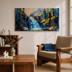 A panoramic abstract landscape painting of a cascading mountain waterfall flowing between rugged cliffs, surrounded by dense evergreen trees and illuminated by soft light, rendered in bold textured brushstrokes with vibrant blues, greens, and earthy tones that create depth, movement, and a dynamic natural composition.