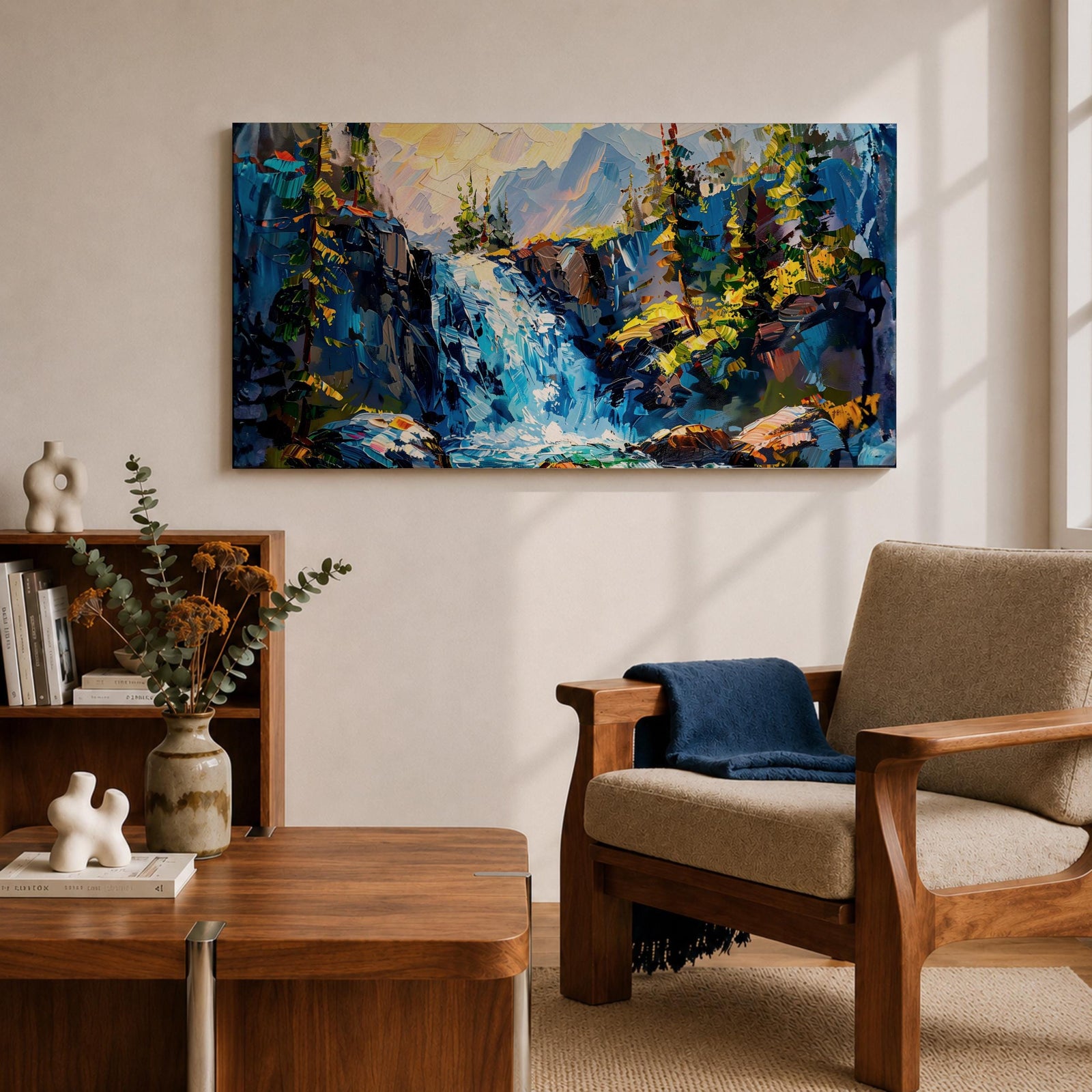 A panoramic abstract landscape painting of a cascading mountain waterfall flowing between rugged cliffs, surrounded by dense evergreen trees and illuminated by soft light, rendered in bold textured brushstrokes with vibrant blues, greens, and earthy tones that create depth, movement, and a dynamic natural composition.