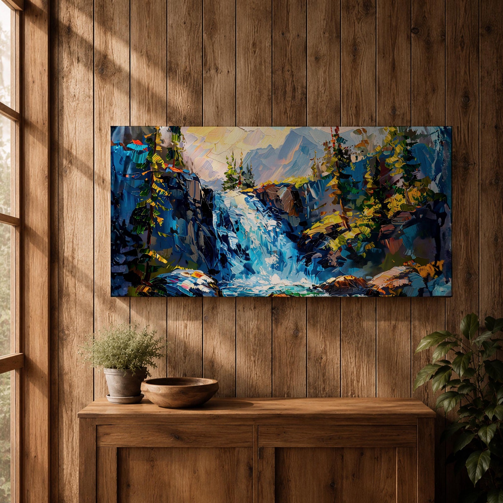A panoramic abstract landscape painting of a cascading mountain waterfall flowing between rugged cliffs, surrounded by dense evergreen trees and illuminated by soft light, rendered in bold textured brushstrokes with vibrant blues, greens, and earthy tones that create depth, movement, and a dynamic natural composition.