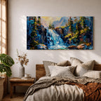 A panoramic abstract landscape painting of a cascading mountain waterfall flowing between rugged cliffs, surrounded by dense evergreen trees and illuminated by soft light, rendered in bold textured brushstrokes with vibrant blues, greens, and earthy tones that create depth, movement, and a dynamic natural composition.