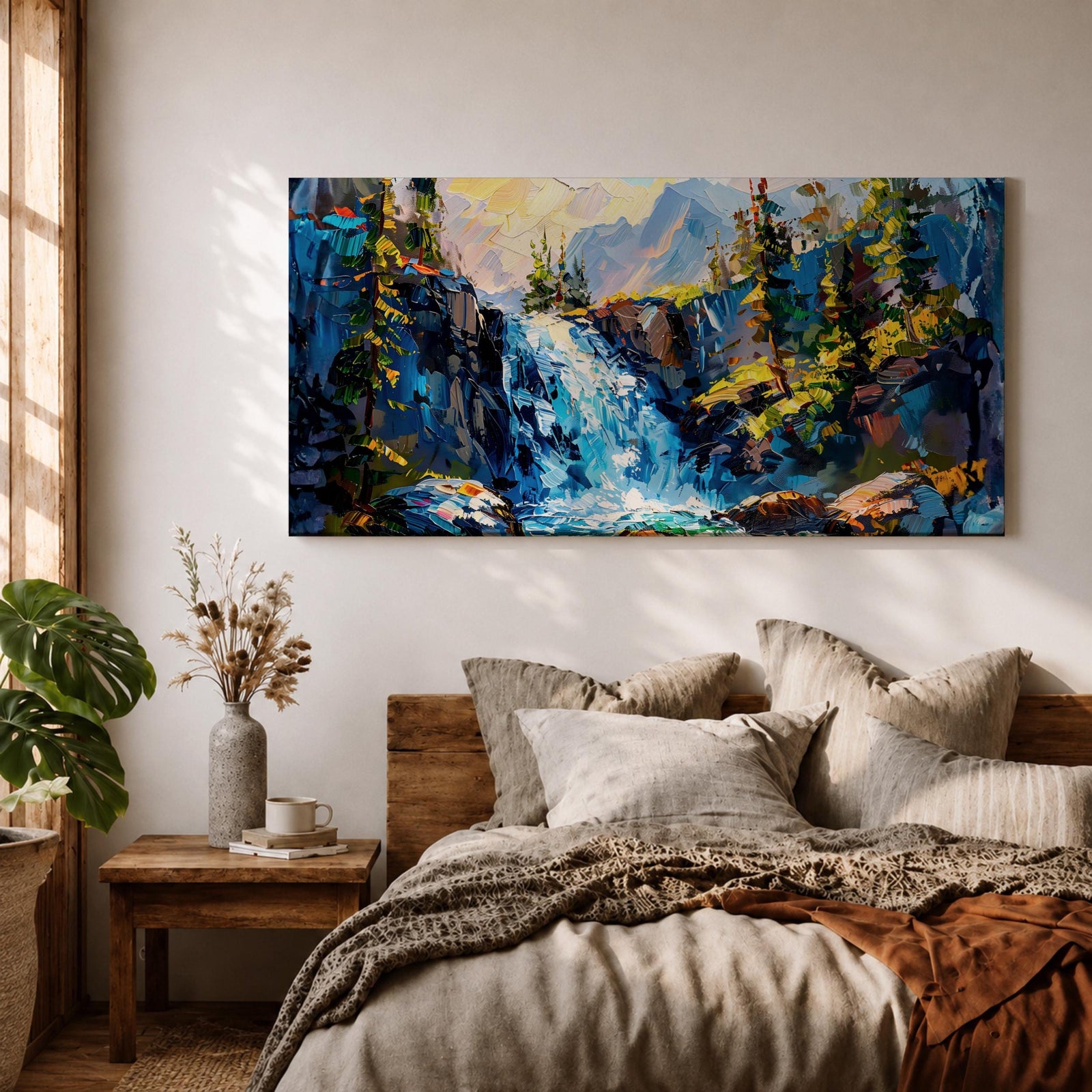 A panoramic abstract landscape painting of a cascading mountain waterfall flowing between rugged cliffs, surrounded by dense evergreen trees and illuminated by soft light, rendered in bold textured brushstrokes with vibrant blues, greens, and earthy tones that create depth, movement, and a dynamic natural composition.
