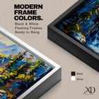 A panoramic abstract landscape painting of a cascading mountain waterfall flowing between rugged cliffs, surrounded by dense evergreen trees and illuminated by soft light, rendered in bold textured brushstrokes with vibrant blues, greens, and earthy tones that create depth, movement, and a dynamic natural composition.