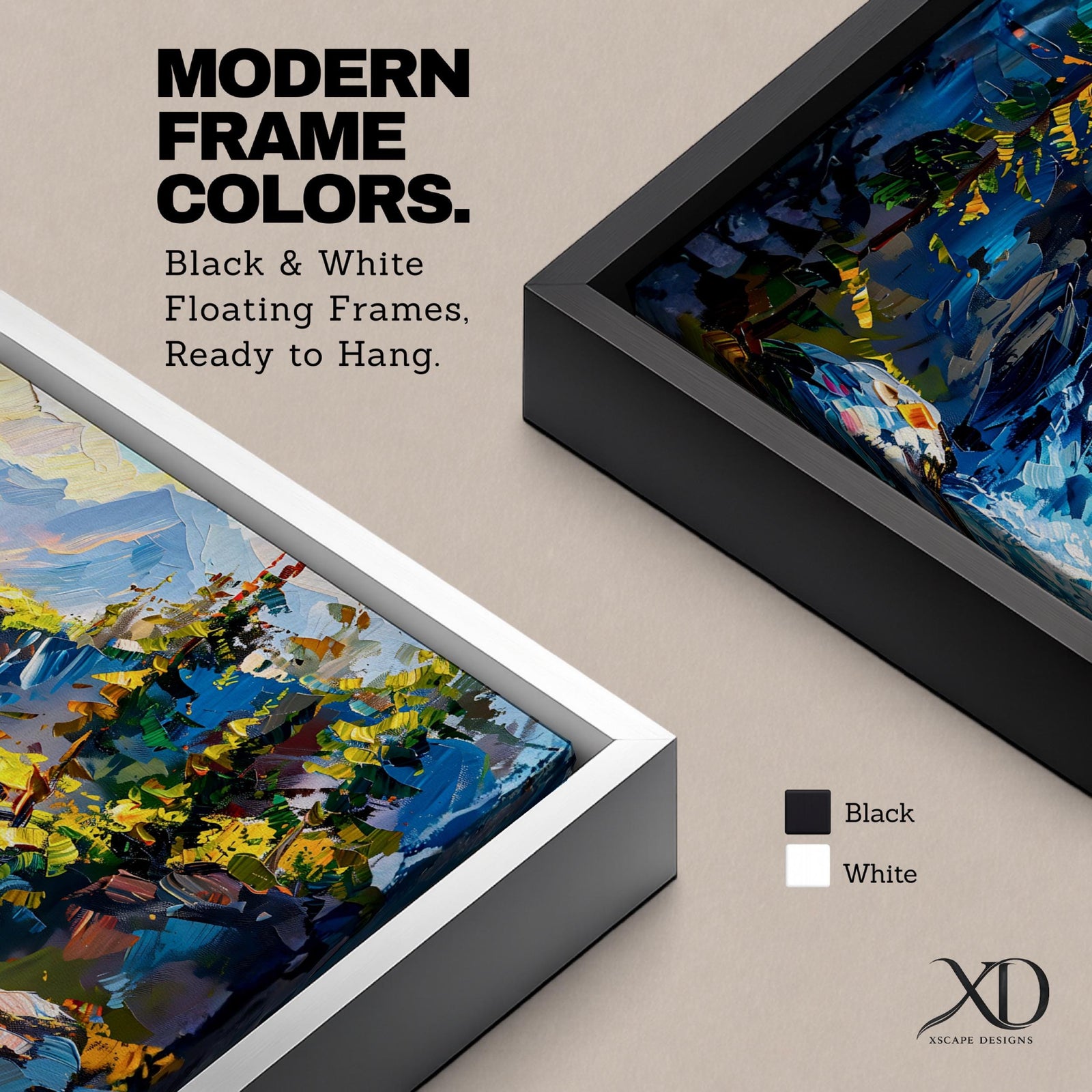 A panoramic abstract landscape painting of a cascading mountain waterfall flowing between rugged cliffs, surrounded by dense evergreen trees and illuminated by soft light, rendered in bold textured brushstrokes with vibrant blues, greens, and earthy tones that create depth, movement, and a dynamic natural composition.