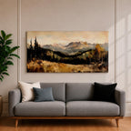 A panoramic landscape painting of a serene mountain valley with distant rugged peaks, surrounded by tall evergreen trees and autumn foliage, with a reflective stream or meadow in the foreground, rendered in soft earthy tones and textured brushstrokes that create depth, atmosphere, and a tranquil natural scene.