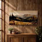 A panoramic landscape painting of a serene mountain valley with distant rugged peaks, surrounded by tall evergreen trees and autumn foliage, with a reflective stream or meadow in the foreground, rendered in soft earthy tones and textured brushstrokes that create depth, atmosphere, and a tranquil natural scene.
