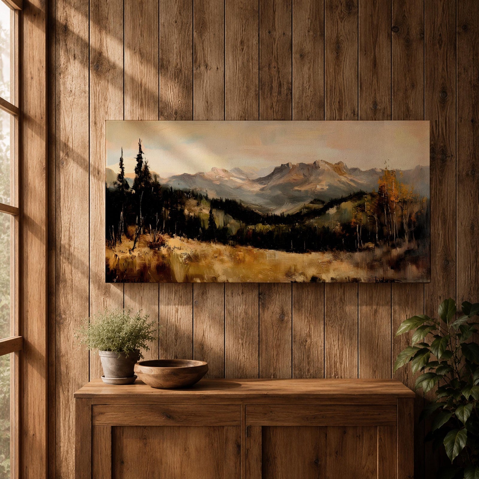 A panoramic landscape painting of a serene mountain valley with distant rugged peaks, surrounded by tall evergreen trees and autumn foliage, with a reflective stream or meadow in the foreground, rendered in soft earthy tones and textured brushstrokes that create depth, atmosphere, and a tranquil natural scene.