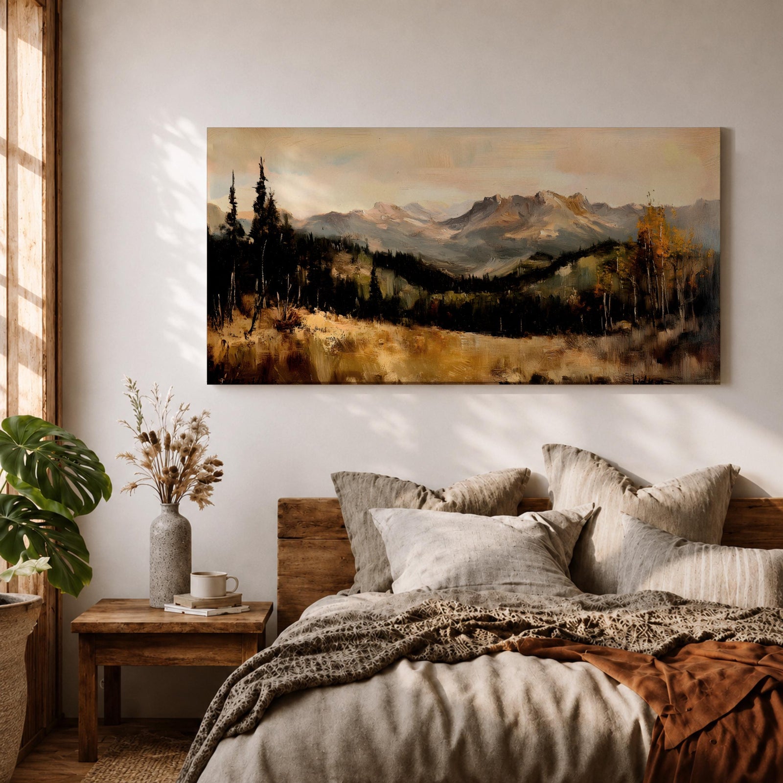 A panoramic landscape painting of a serene mountain valley with distant rugged peaks, surrounded by tall evergreen trees and autumn foliage, with a reflective stream or meadow in the foreground, rendered in soft earthy tones and textured brushstrokes that create depth, atmosphere, and a tranquil natural scene.