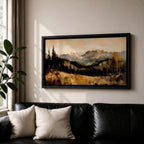 A panoramic landscape painting of a serene mountain valley with distant rugged peaks, surrounded by tall evergreen trees and autumn foliage, with a reflective stream or meadow in the foreground, rendered in soft earthy tones and textured brushstrokes that create depth, atmosphere, and a tranquil natural scene.