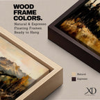 A panoramic landscape painting of a serene mountain valley with distant rugged peaks, surrounded by tall evergreen trees and autumn foliage, with a reflective stream or meadow in the foreground, rendered in soft earthy tones and textured brushstrokes that create depth, atmosphere, and a tranquil natural scene.