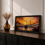 A panoramic painting of the Kaaba in Mecca surrounded by the Grand Mosque, set against a dramatic golden sunset sky with expressive brushstrokes and warm tones.