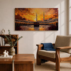 A panoramic painting of the Kaaba in Mecca surrounded by the Grand Mosque, set against a dramatic golden sunset sky with expressive brushstrokes and warm tones.