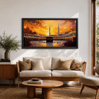 A panoramic painting of the Kaaba in Mecca surrounded by the Grand Mosque, set against a dramatic golden sunset sky with expressive brushstrokes and warm tones.