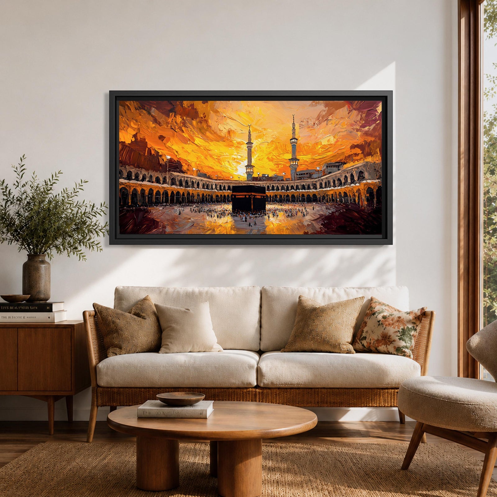 A panoramic painting of the Kaaba in Mecca surrounded by the Grand Mosque, set against a dramatic golden sunset sky with expressive brushstrokes and warm tones.