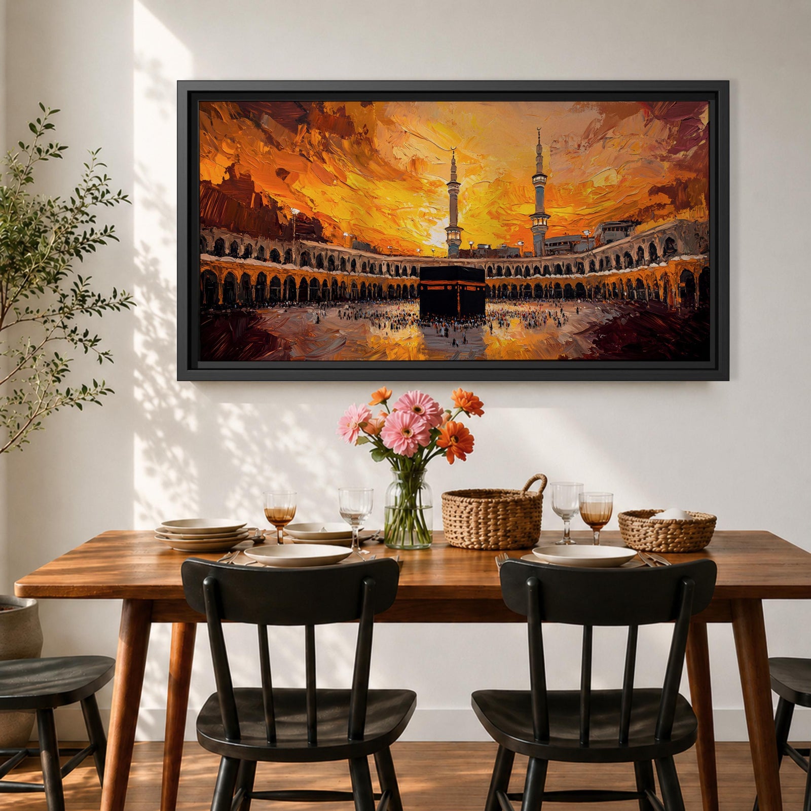 A panoramic painting of the Kaaba in Mecca surrounded by the Grand Mosque, set against a dramatic golden sunset sky with expressive brushstrokes and warm tones.