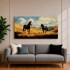 A panoramic painting of two wild horses standing in a sunlit open field, one chestnut and one black, surrounded by golden grasses and rolling hills beneath a dramatic sky filled with soft clouds, rendered in expressive brushstrokes that capture movement, light, and a natural untamed landscape.
