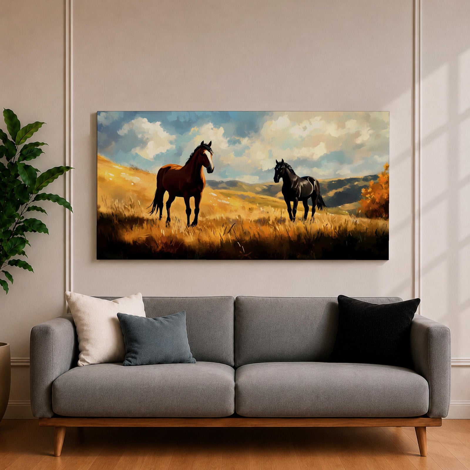 A panoramic painting of two wild horses standing in a sunlit open field, one chestnut and one black, surrounded by golden grasses and rolling hills beneath a dramatic sky filled with soft clouds, rendered in expressive brushstrokes that capture movement, light, and a natural untamed landscape.