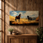A panoramic painting of two wild horses standing in a sunlit open field, one chestnut and one black, surrounded by golden grasses and rolling hills beneath a dramatic sky filled with soft clouds, rendered in expressive brushstrokes that capture movement, light, and a natural untamed landscape.