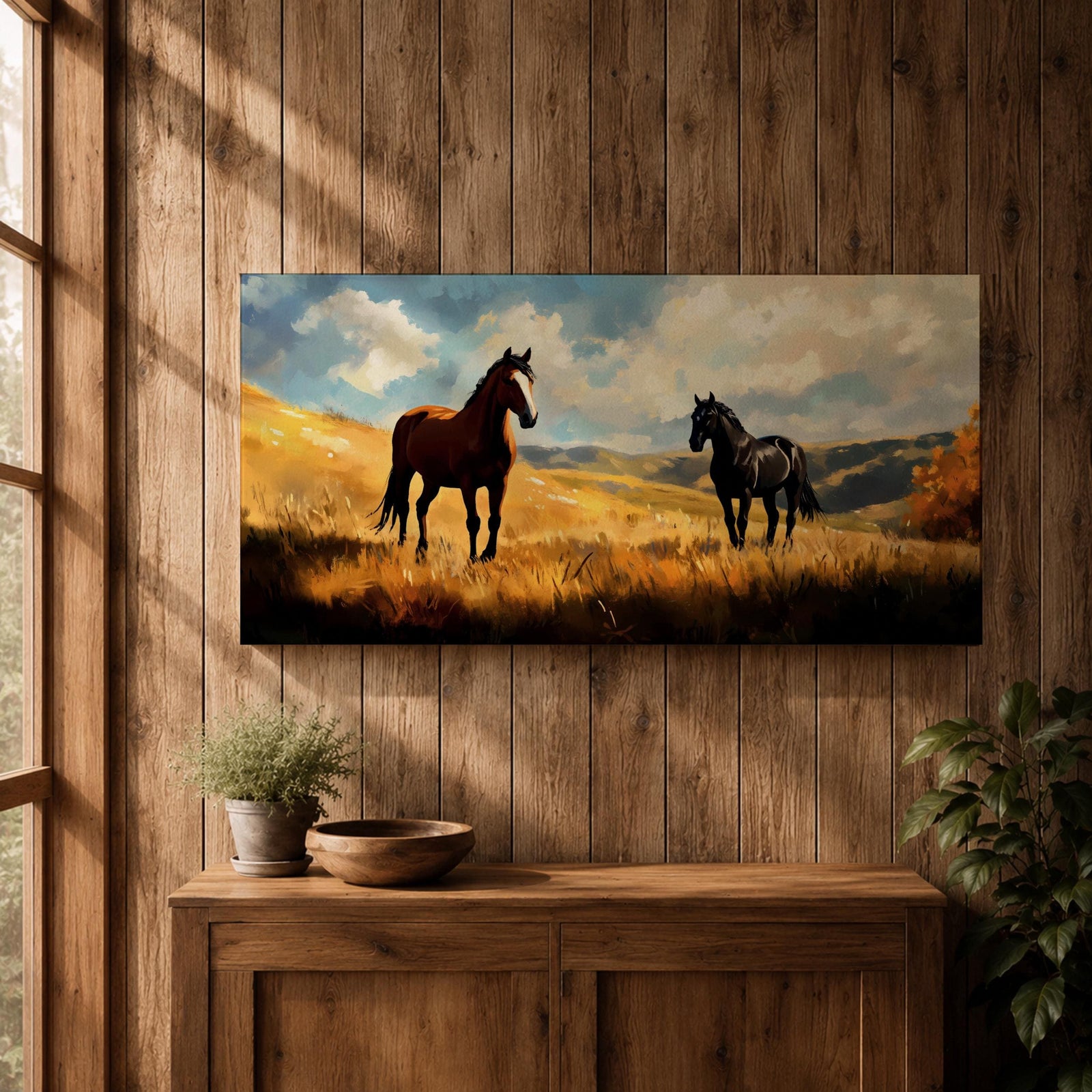 A panoramic painting of two wild horses standing in a sunlit open field, one chestnut and one black, surrounded by golden grasses and rolling hills beneath a dramatic sky filled with soft clouds, rendered in expressive brushstrokes that capture movement, light, and a natural untamed landscape.