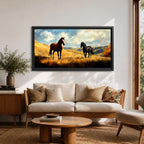 A panoramic painting of two wild horses standing in a sunlit open field, one chestnut and one black, surrounded by golden grasses and rolling hills beneath a dramatic sky filled with soft clouds, rendered in expressive brushstrokes that capture movement, light, and a natural untamed landscape.