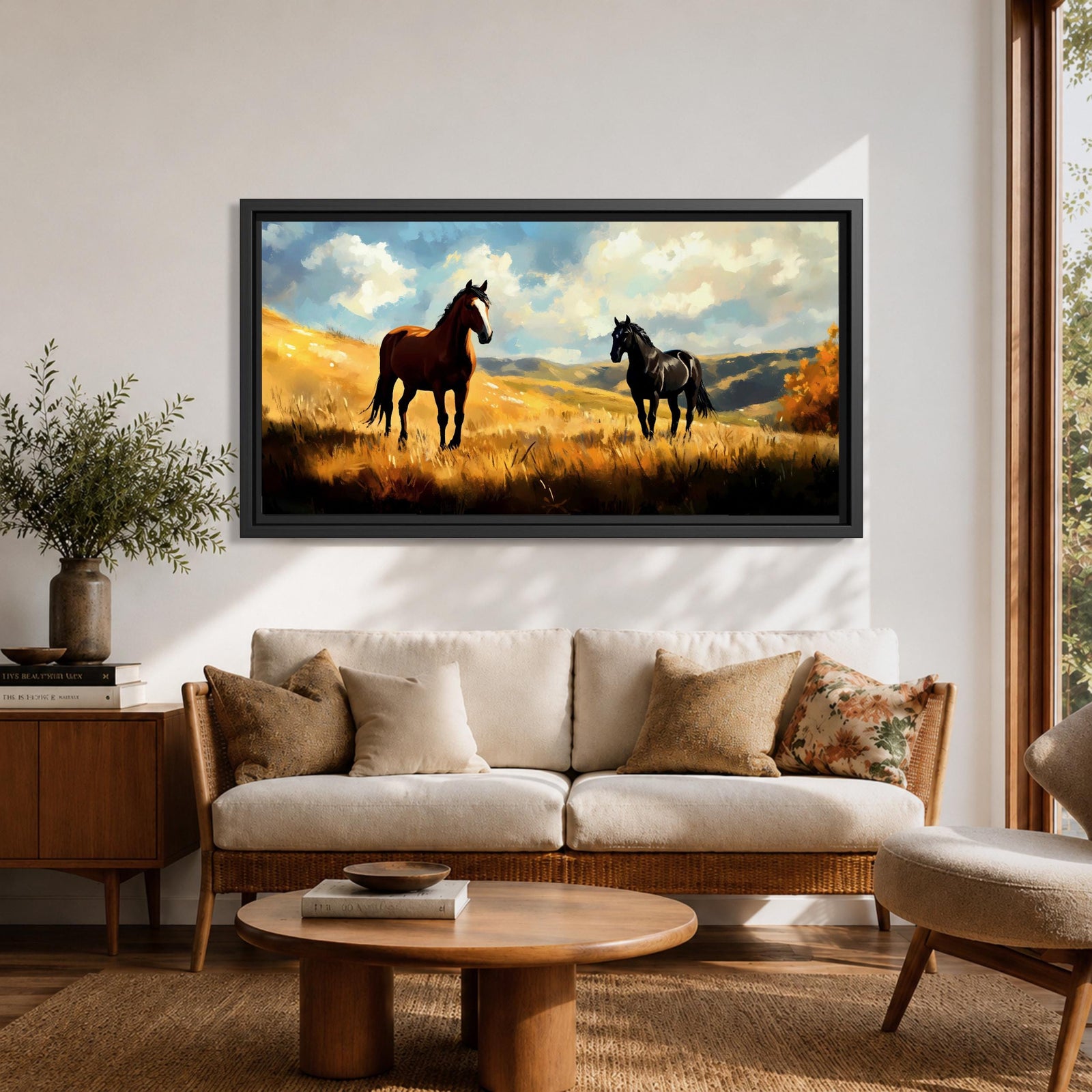 A panoramic painting of two wild horses standing in a sunlit open field, one chestnut and one black, surrounded by golden grasses and rolling hills beneath a dramatic sky filled with soft clouds, rendered in expressive brushstrokes that capture movement, light, and a natural untamed landscape.