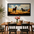 A panoramic painting of two wild horses standing in a sunlit open field, one chestnut and one black, surrounded by golden grasses and rolling hills beneath a dramatic sky filled with soft clouds, rendered in expressive brushstrokes that capture movement, light, and a natural untamed landscape.