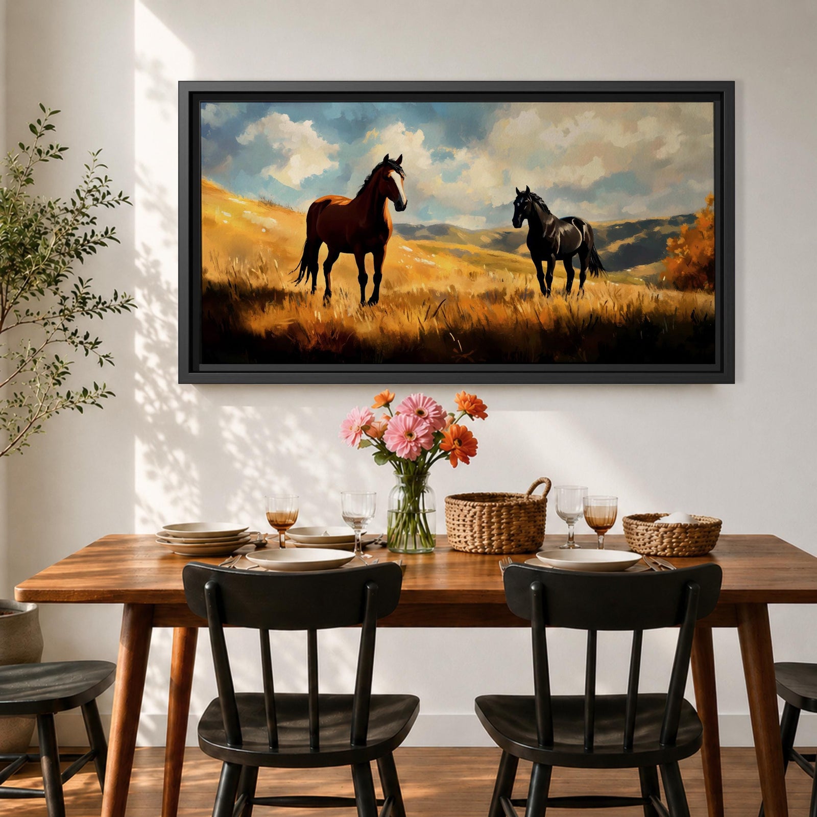 A panoramic painting of two wild horses standing in a sunlit open field, one chestnut and one black, surrounded by golden grasses and rolling hills beneath a dramatic sky filled with soft clouds, rendered in expressive brushstrokes that capture movement, light, and a natural untamed landscape.
