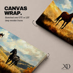 A panoramic painting of two wild horses standing in a sunlit open field, one chestnut and one black, surrounded by golden grasses and rolling hills beneath a dramatic sky filled with soft clouds, rendered in expressive brushstrokes that capture movement, light, and a natural untamed landscape.