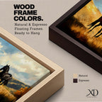 A panoramic painting of two wild horses standing in a sunlit open field, one chestnut and one black, surrounded by golden grasses and rolling hills beneath a dramatic sky filled with soft clouds, rendered in expressive brushstrokes that capture movement, light, and a natural untamed landscape.