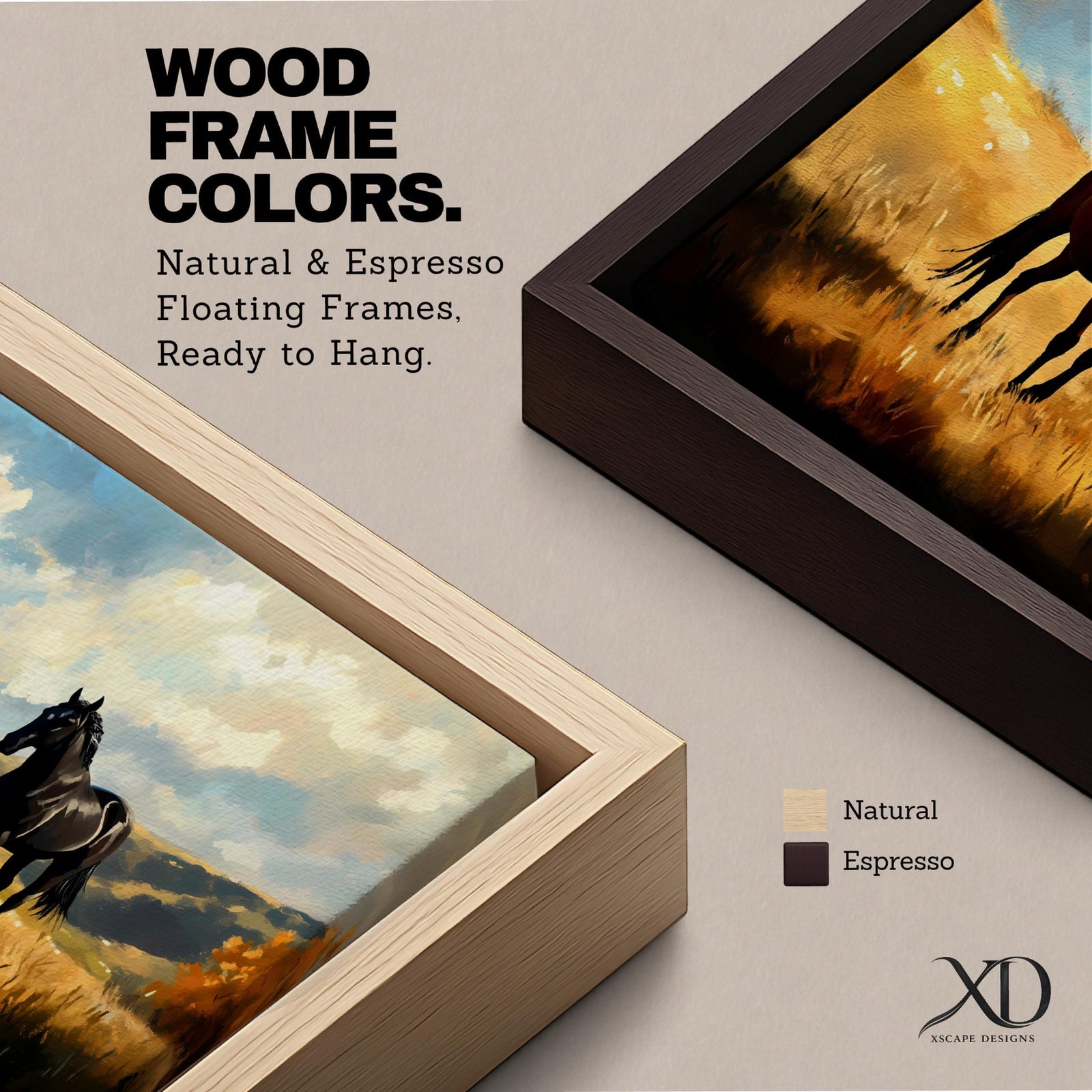 A panoramic painting of two wild horses standing in a sunlit open field, one chestnut and one black, surrounded by golden grasses and rolling hills beneath a dramatic sky filled with soft clouds, rendered in expressive brushstrokes that capture movement, light, and a natural untamed landscape.