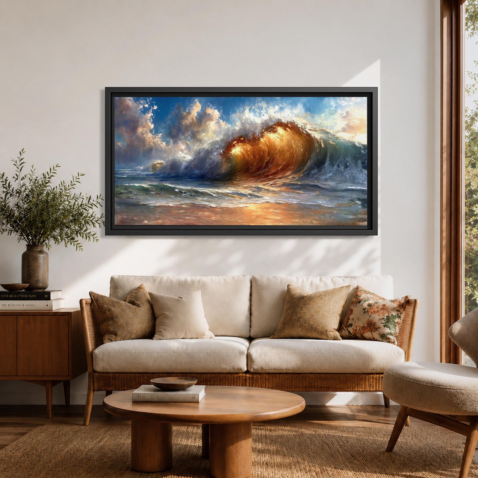 A panoramic painting of a powerful ocean wave cresting toward the shore, illuminated by warm golden light within the curl, with textured brushstrokes capturing the motion of water, foam, and reflections beneath a sky filled with dynamic clouds, creating a dramatic and energetic seascape composition.